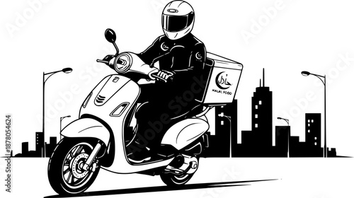 Fast Halal Food Delivery Scooter Vector Illustration with City Background
