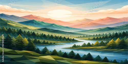 A breathtaking panorama of a mountain landscape featuring a vibrant sunrise and sunset reflecting over a serene lake with snow peaks, forest trees, and mist under a cloudy summer sky