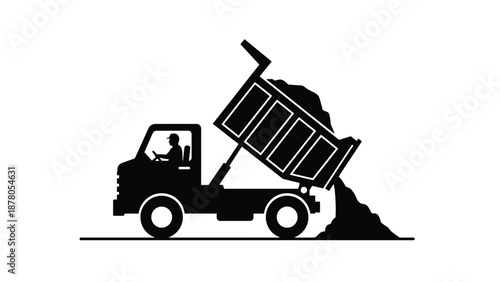 a black silhouette of a dump truck dumping a pile