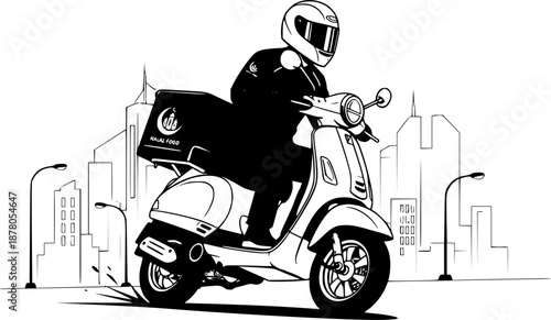 Fast Halal Food Delivery Scooter Vector Illustration with City Background
