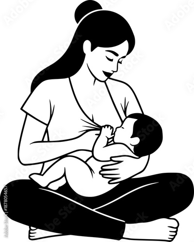 Mother breastfeeding baby natural motherhood concept vector illustration black and white
