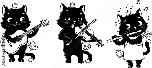 Cartoon black cat character illustrations playing musical instruments, crown, fish, guitar, violin, flute, whimsical animal artwork design sequence
