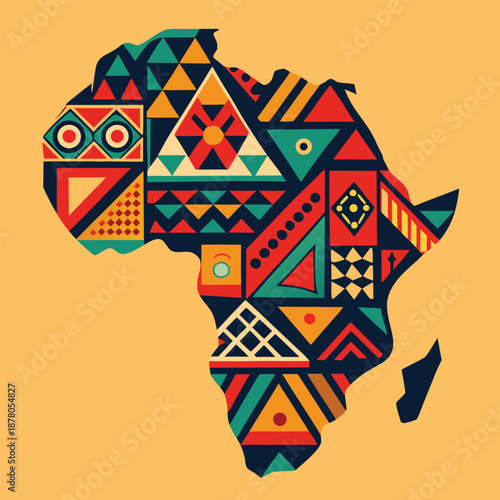 Abstract Map of Africa Illustration Filled with Vibrant Traditional Tribal Patterns and Geometric Shapes for Cultural Heritage and Design Projects