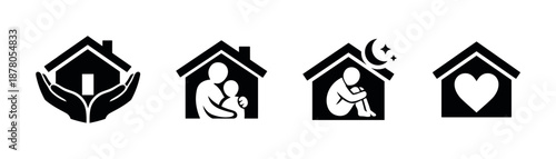 Home care vector icons set: family, shelter, protection, safety symbols