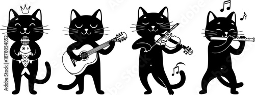 Cartoon black cat character illustrations playing musical instruments, crown, fish, guitar, violin, flute, whimsical animal artwork design sequence
