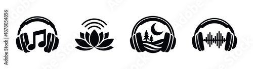 Headphone and music vector icons set: audio, lotus, night, wave symbols