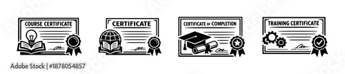 Certificate vector icons set: course completion symbols and training badges