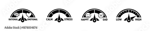 Emotions and moods vector icons set, flat black style, rational, emotional, stress