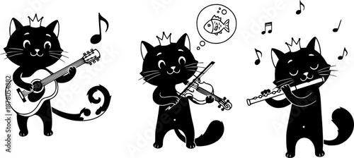 Cartoon black cat character illustrations playing musical instruments, crown, fish, guitar, violin, flute, whimsical animal artwork design sequence
