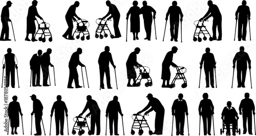Group of elderly senior people with walking aids silhouette set large collection.

