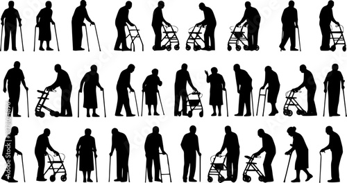 Group of elderly senior people with walking aids silhouette set large collection.
