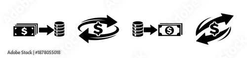 Money transfer vector icons set: currency exchange, banking symbols, cash flow