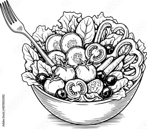 Black and white sketch of a salad bowl with various vegetables.

