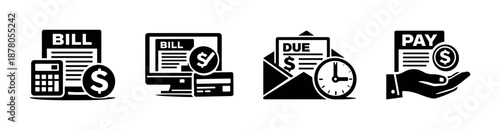 Bill payment vector icons set: finance, invoice, payment methods, currency symbols