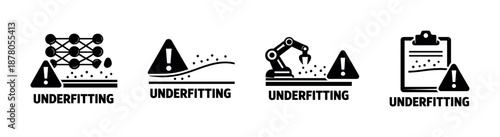 Underfitting vector icons set in machine learning, ai warning symbols collection