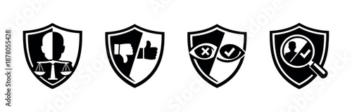 Law and justice vector icons set - scales, thumbs, choices, magnifying glass