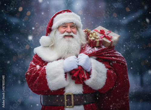 portrait of smiling Santa Claus with long beard looking away while standing in snow fall against dark blurred background