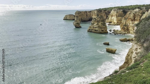 Aerial view of Marinha beach and Mesquita beach. Beautiful beach in the Carvoeiro, in Algarve, Portugal