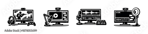 Streaming tools vector icons set: gaming, podcast, broadcasting equipment essentials
