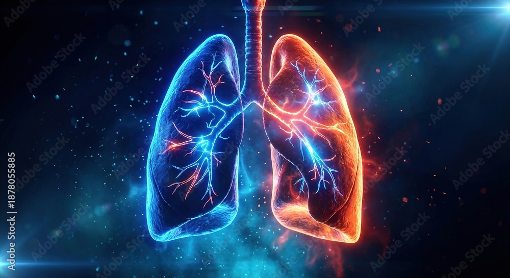 Fototapeta premium A digital illustration of a pair of lungs with the left lung depicted in blue and the right lung in red against a dark starry background