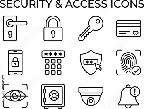 Security and access icon set with padlock, key, fingerprint, camera, safe, and password symbols