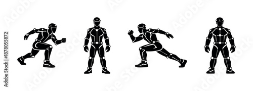 Robot silhouette vector icons set: poses, futuristic, humanoid elements