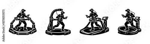 Virtual reality treadmills vector icons set: futuristic fitness and gaming equipment