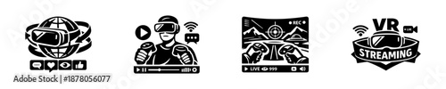 Vr technology vector icons set: streaming, gaming, virtual reality, digital experience