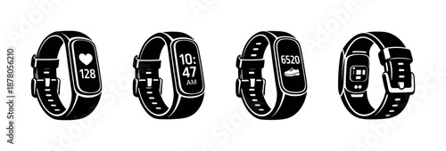 Fitness tracker vector icons set with smartwatches in modern solid style