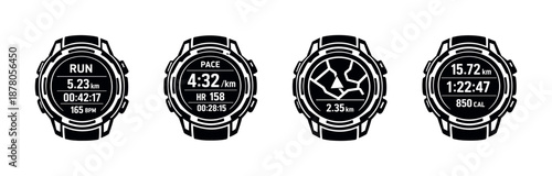 Smartwatch fitness vector icons set: running, pace, distance, performance