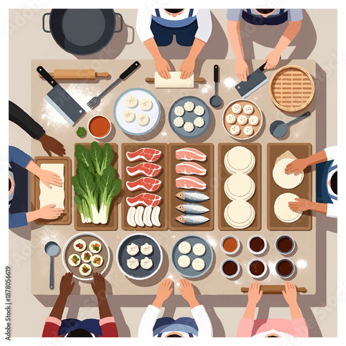 People enjoying a meal with various food dishes and cooking utensils on a table top view