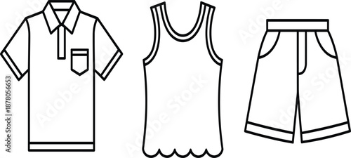 Casual men's summer apparel icon set featuring polo shirt sleeveless tank top and walking shorts