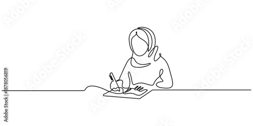 Minimalist continuous line drawing of a person, likely a woman wearing a hijab, who is focused on writing or studying at a desk