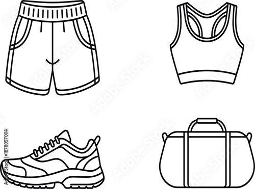 Professional sports apparel and fitness gear icon set featuring athletic shorts sports bra and sneakers
