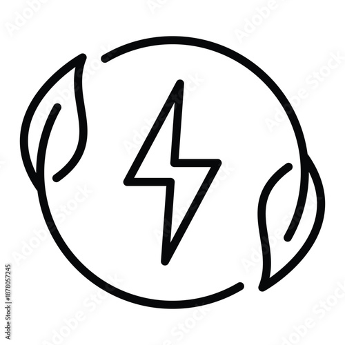 Outline green energy icon with leaf and lightning for eco power.