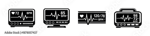 Medical monitor vector icons set: healthcare symbols, heartbeat, ekg displays