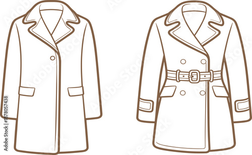 Elegant classic wool overcoat and belted trench coat vector illustration for autumn winter fashion design