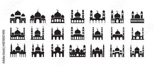 Mosque Icon Set. Black and Gray Islamic Architecture Silhouettes. Vector illustration eps 10