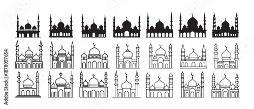 Mosque Icon Set. Black and Gray Islamic Architecture Silhouettes. Vector illustration eps 10