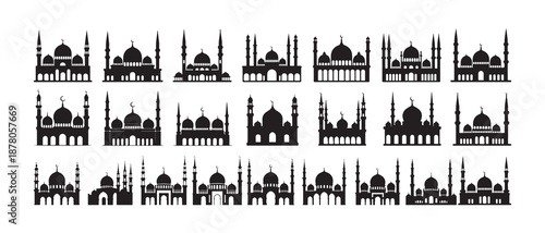 Mosque Icon Set. Black and Gray Islamic Architecture Silhouettes. Vector illustration eps 10