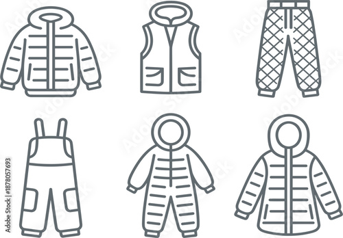 Cold weather clothing icons collection with insulated jackets quilted trousers and hooded jumpsuits for winter