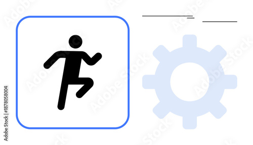 Silhouette of a running person inside framed box next to a gear outline, representing action, movement, innovation, and process automation. Ideal for sports, productivity, workflow, technology
