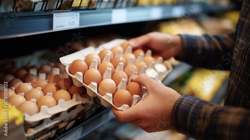 Customer hands choosing a carton of fresh eggs from a supermarket shelf