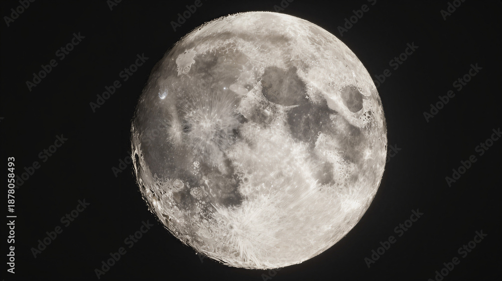 Obraz premium Monochrome Moon: chalky lunar surface with crater rays against a dark, airless sky