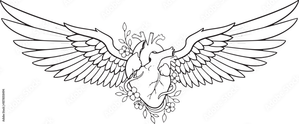Obraz premium Anatomical heart with angel wings – Winged heart line art vector illustration