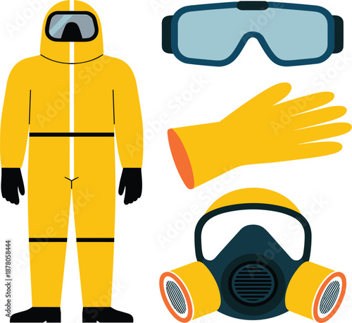 Industrial yellow hazmat suit with protective goggles gloves and respirator mask for chemical safety equipment