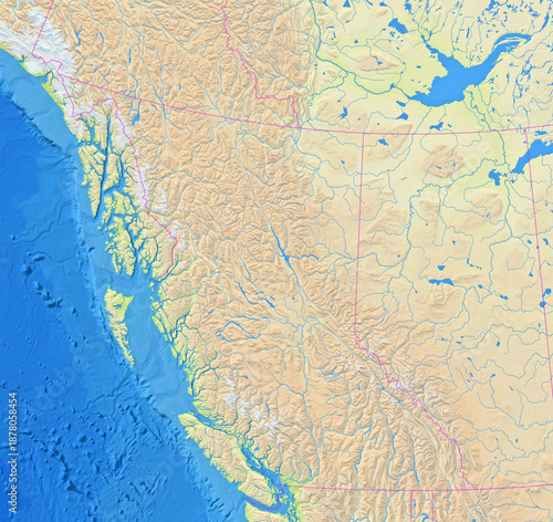 Map of Western Canada showing the region with relief representation, rivers, lakes, administrative boundaries and undersea relief. No labels at all.