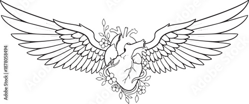 Anatomical heart with angel wings – Winged heart line art vector illustration