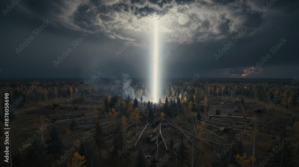custom made wallpaper toronto digitalSurreal cinematic depiction of the Tunguska Event: a blinding white beam shatters the storm over a Siberian forest, with millions of trees flattened in a perfect circle