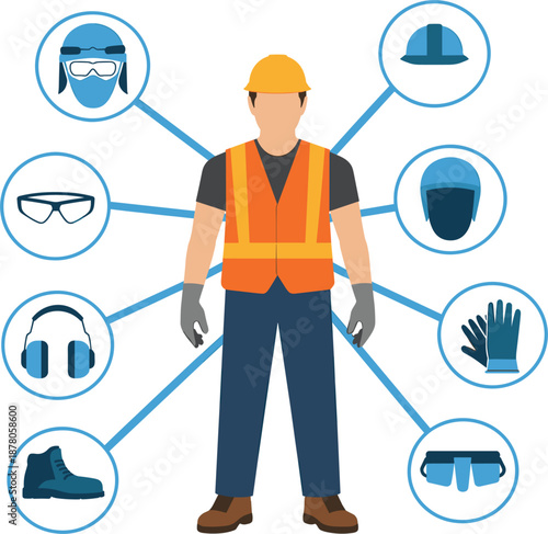 Industrial construction worker in safety vest with personal protective equipment icons for occupational health safety
